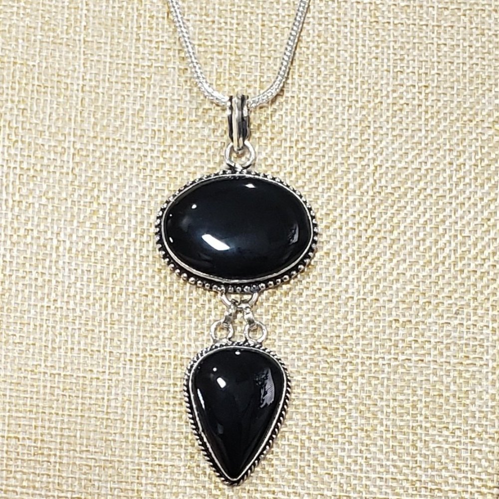Onyx long necklace, 925 silver black onyx extra long vintage pendant necklace